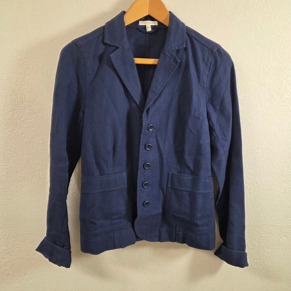 Eileen Fisher Womens Navy Blue Textured Pique Button Front Blazer Jacket XS